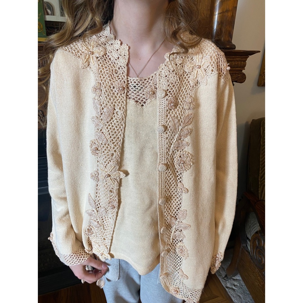 Vintage 90s Storybook Knits Crochet Lace Pearl Floral Sweater Shirt Set Medium